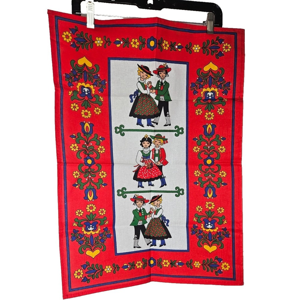 Vintage Folk Art Kitchen Towel Scandinavian Dutch Floral Red‎ Cotton